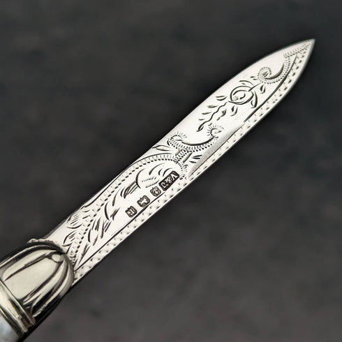 1916 British Antique White Pearl Shell Handle Pure Silver Engraving Blade Folding Pen Knife